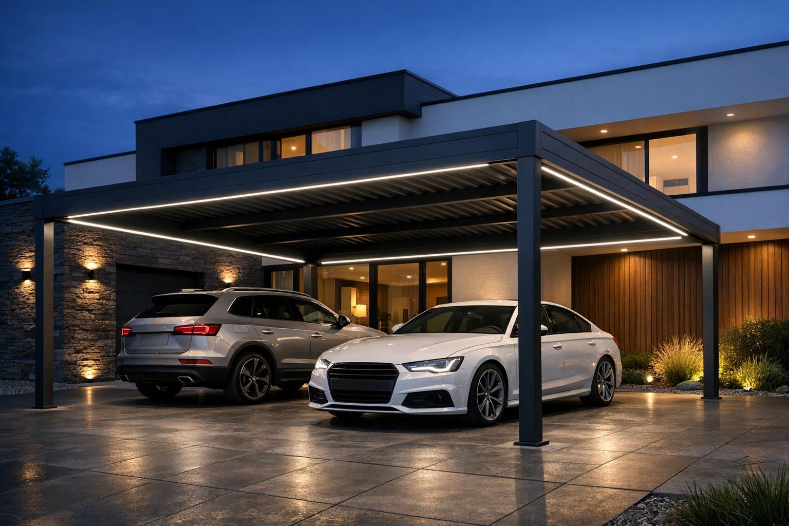 Elegancka aluminiowa wiata Carport przy nowoczesnym domu z oświetleniem LED