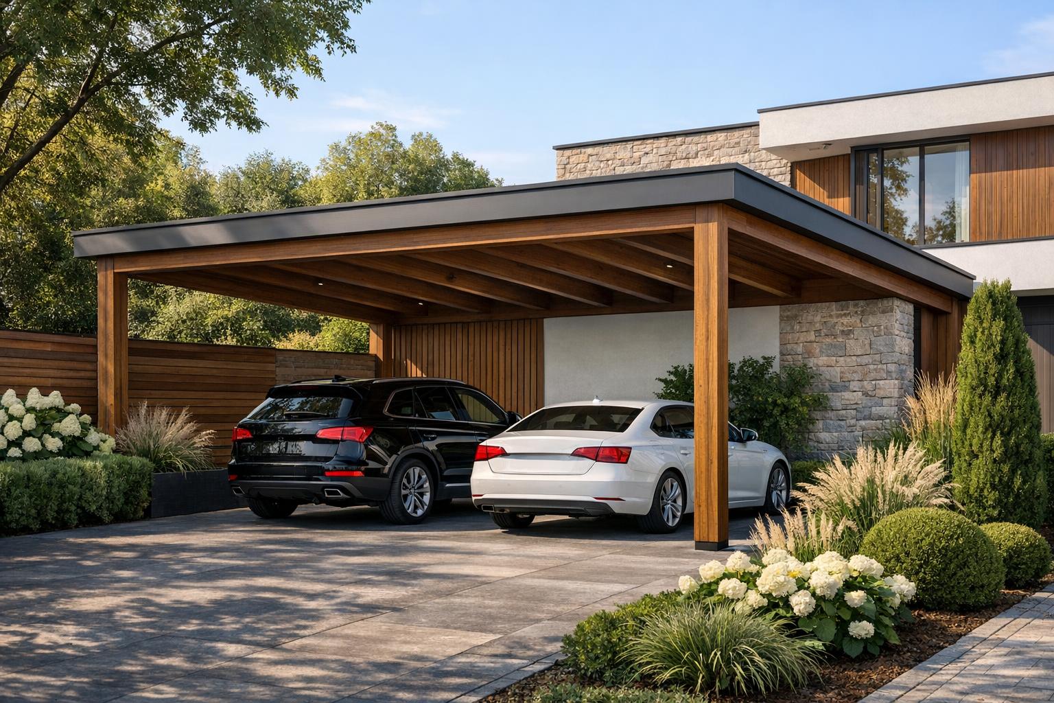 Carport jako element eleganckiej zabudowy posesji z detalami drewnianymi i roślinnością